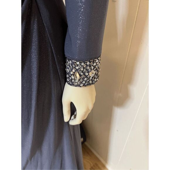 Alex Evenings Glittery Dark Gray Ruched Side floor Lengh Gown W/jeweled cuffs 8 - Picture 5 of 11